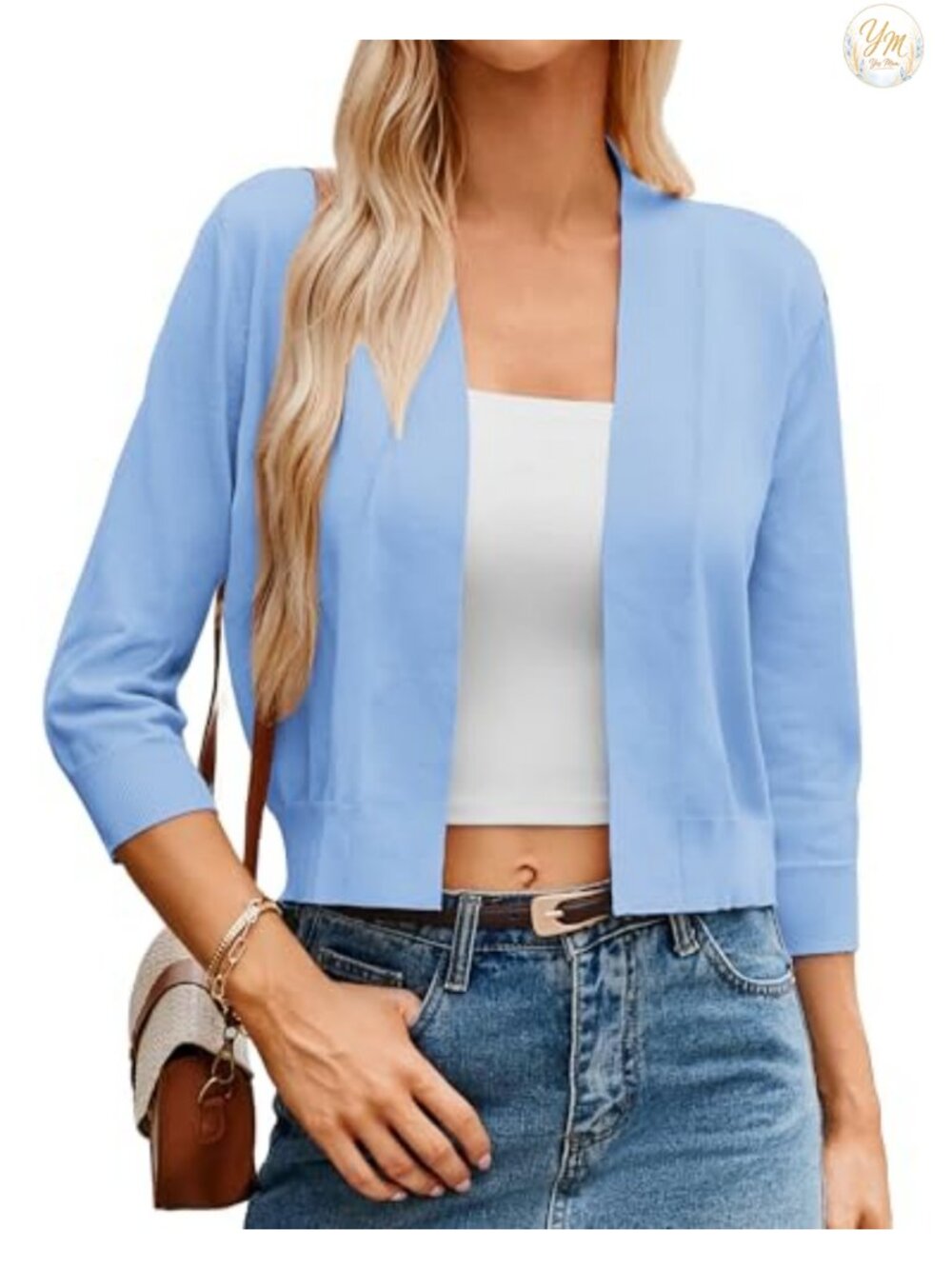 Women's Lightweight Cropped Knit Cardigan 3/4 Sleeve Open Front Shrug Bolero
